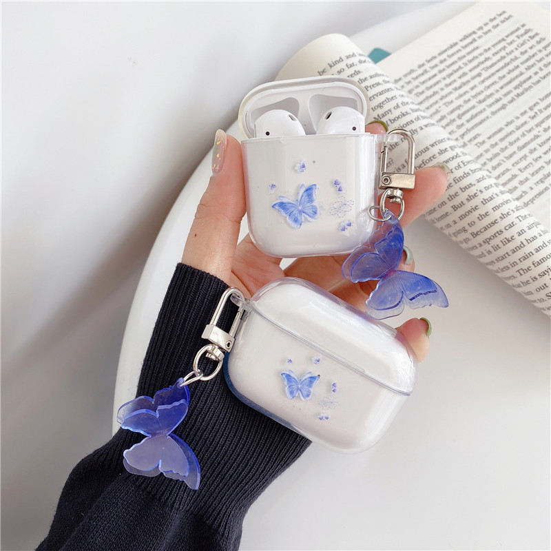 Wonhibo Cute Butterfly Airpods Case Silicone Girls Blue Designer Cover for Apple Airpod 1 & 2 with Keychain 