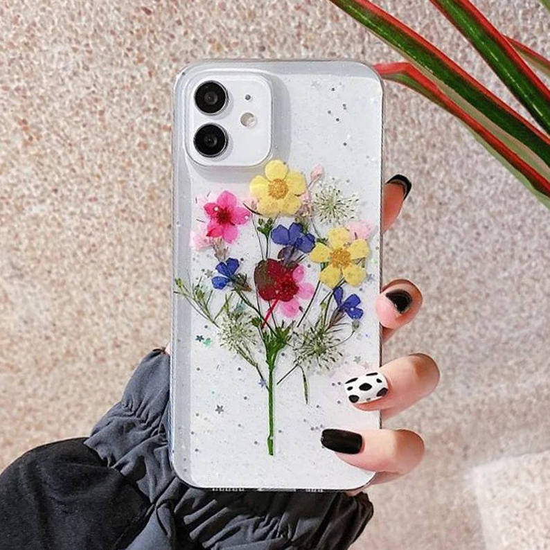 Glitter Pressed Flowers iPhone 13 Cases
